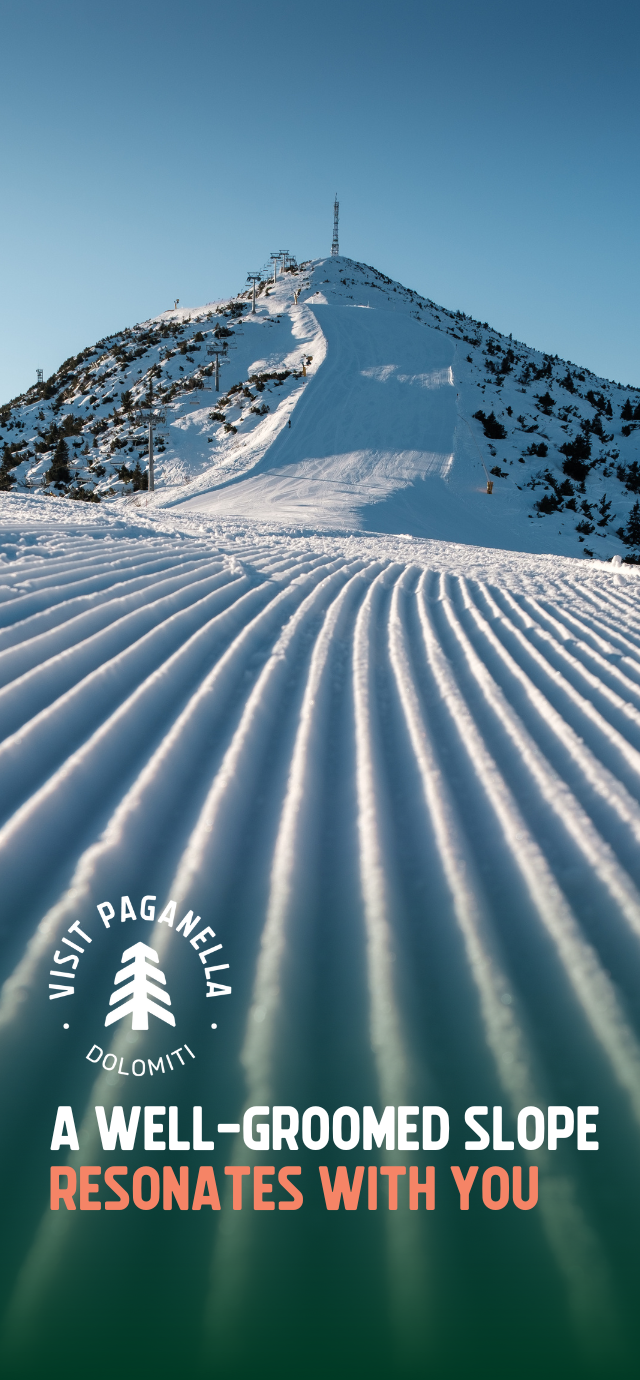 In the picture: a well-groomed slope of Cima Paganella. In the text: A well-groomed slope resonates with you | © Filippo Frizzera, 2022