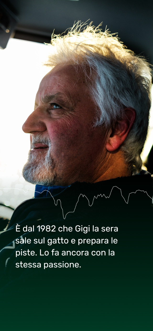 Nell'immagine: un primopiano di Gigi, lo storico gattista. Nel testo: E' dal 1982 che Gigi la sera sale sul gatto e prepara le piste. Lo fa ancora con la stessa passione. | © Filippo Frizzera, 2024